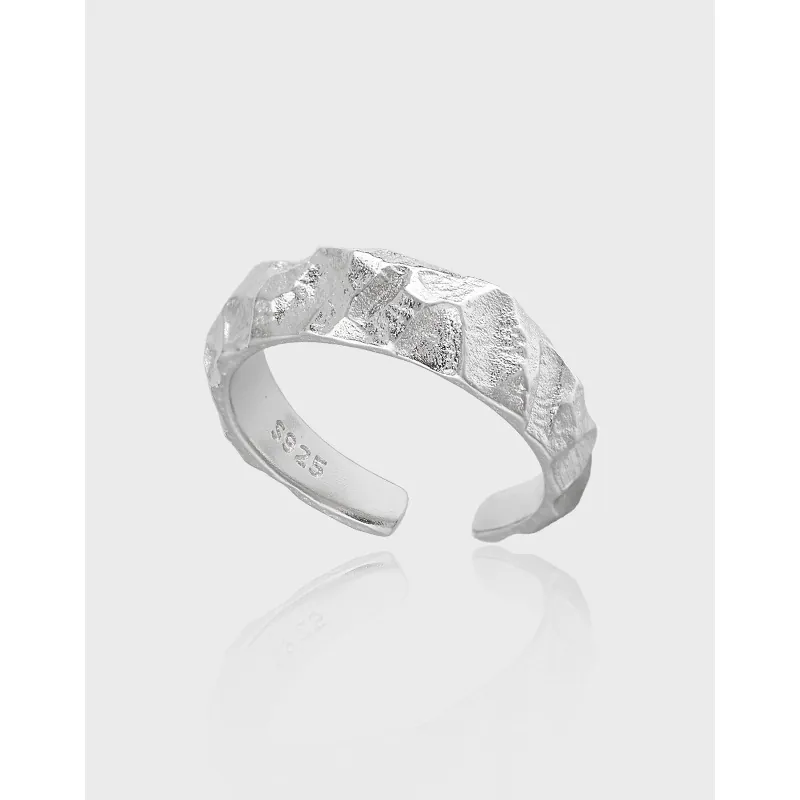 S925 Sterling Silver Open Ring For Men Women Minimalist Hammered Hammered Texture Rock Grain Adjustable Finger Ring Jewelry
