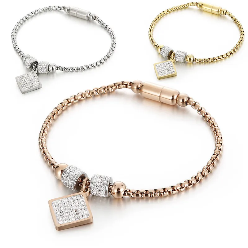 Rhinestone Square Pendant Bracelet Stainless Steel Magnetic Clasp Geometric Chain Fashion Jewelry Elegant Accessory For Women