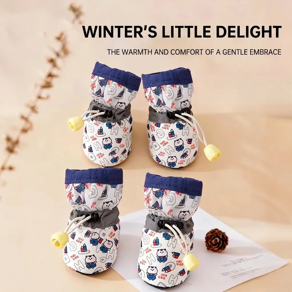 Anti Slip Pet Dog Shoes Boots Soft Sole Waterproof Protective Reflective Adjustable Drawstring Winter Warm Cartoon Print