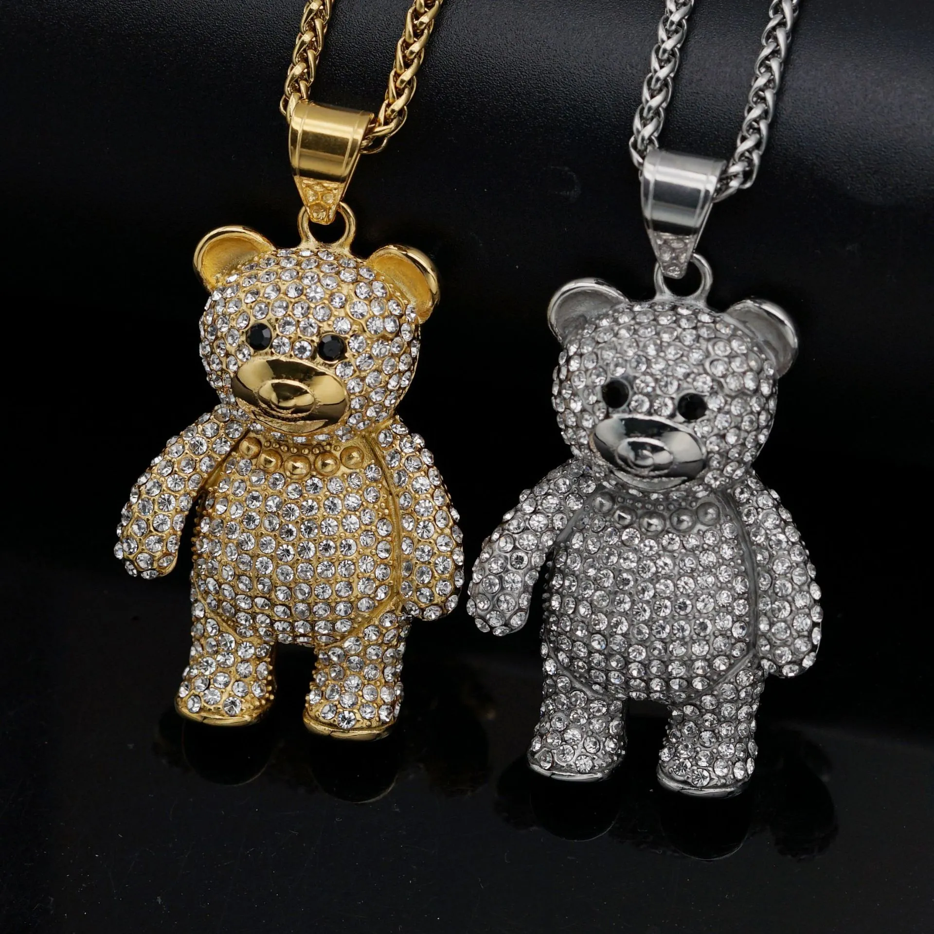 Teddybär Anhänger Halskette Edelstahl Vollbesetzt Mit Strass Iced Out Hip Hop Bling Tier Schmuck Für Herren Damen