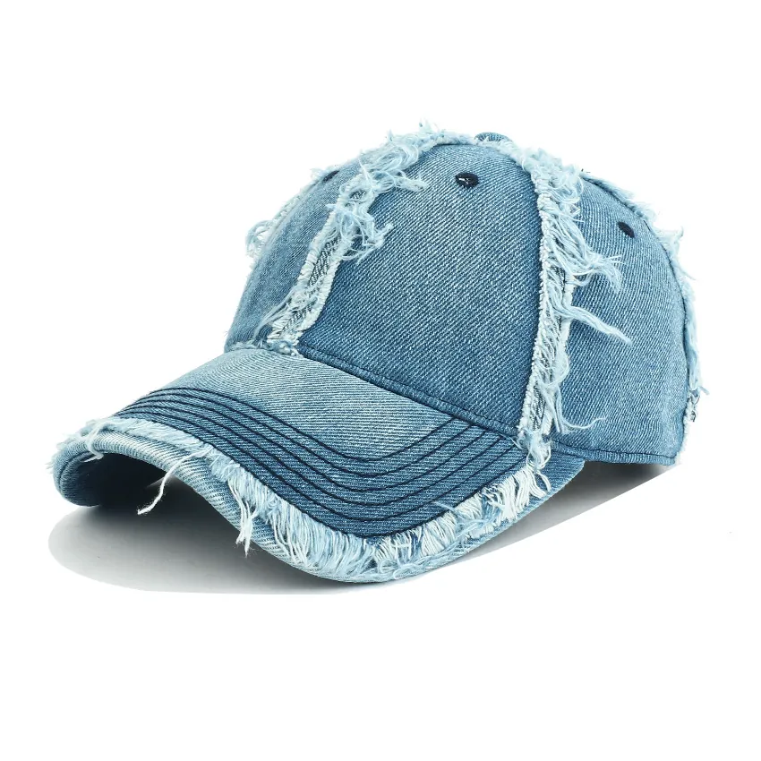 Vintage Washed Denim Baseball Cap Distressed Frayed Edges Adjustable Cotton Outdoor Sun Hat Unisex