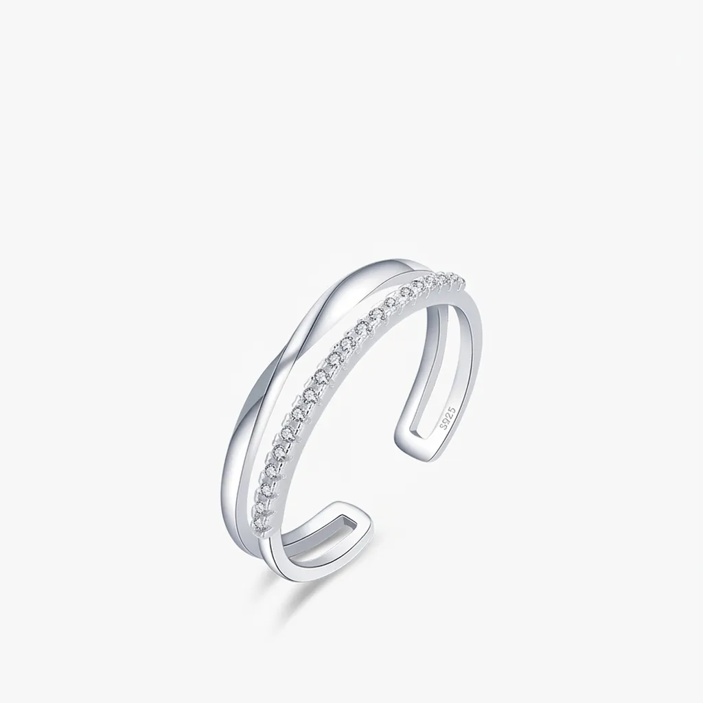 925 Sterling Silver Double Layer Cross Ring With Cubic Zirconia Paved Adjustable Open Fashion Jewelry For Women