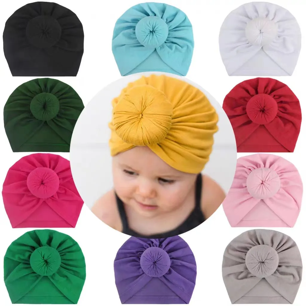 Baby Turban Hat Soft Cotton Donut Knot Beanie For Infants Toddlers Girls Solid Color Elastic Headwrap Caps All Seasons Photography Props