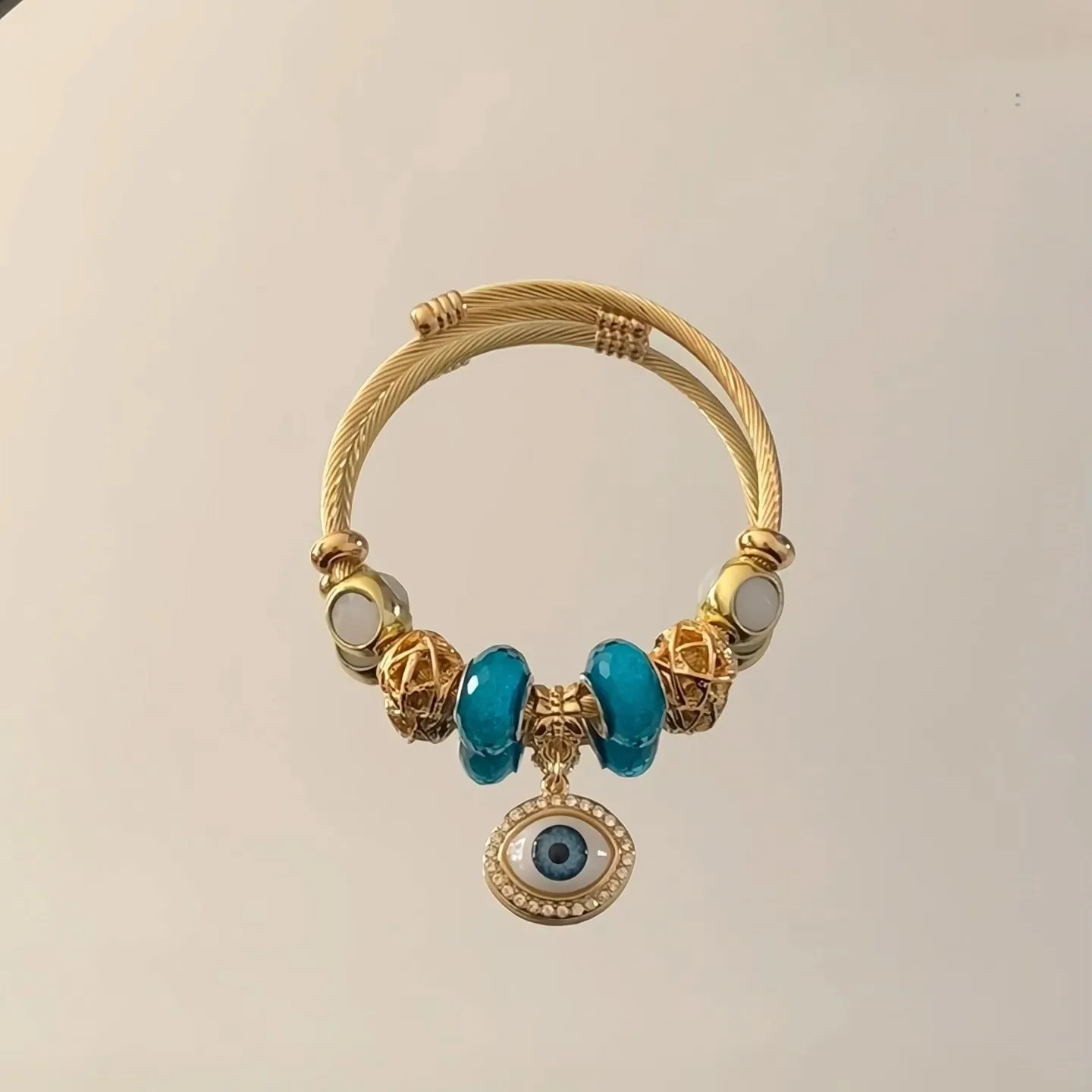 Evil Eye Charm Bracelet Stainless Steel Gold Plated Woven Wire Cuff Zircon Blue Beads Adjustable Fashion Jewelry Women