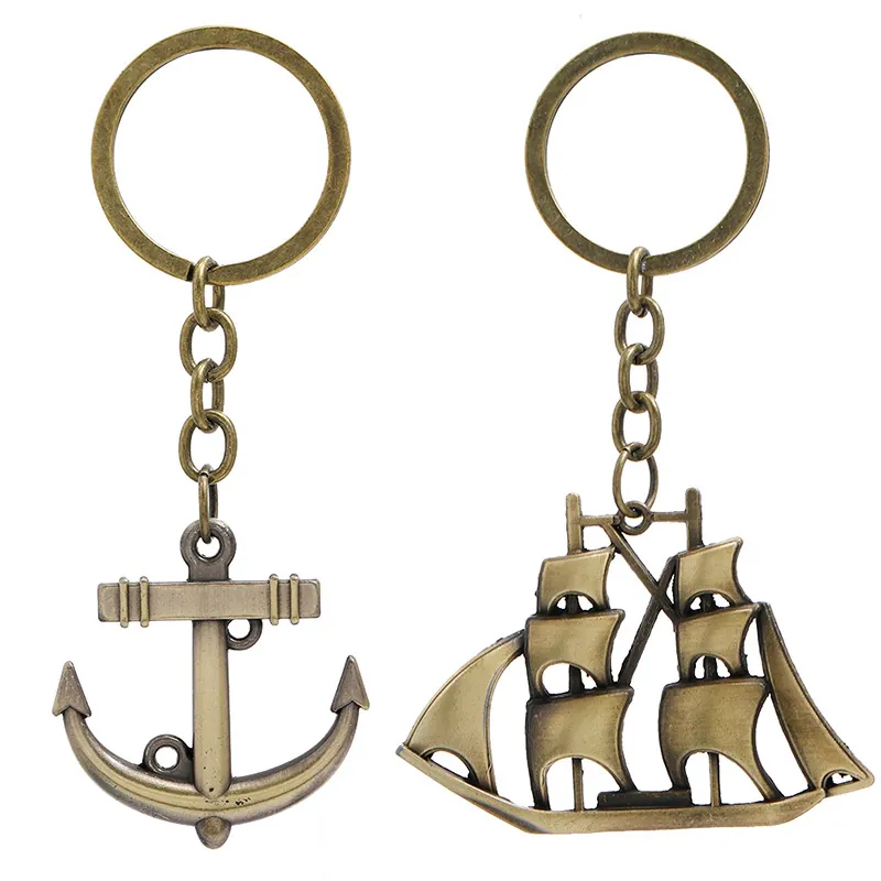 Retro Bronze Nautical Keychain Vintage Sailboat Anchor Alloy Pendant Keyring Hanging Ornament Gift For Travelers