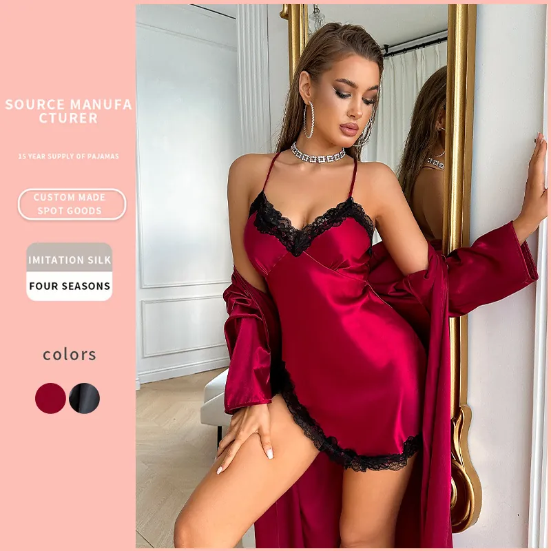 Peignoir En Satin Pour Femmes Et Nuisette À Bretelles Dentelle Col En V Vêtements De Nuit Élégant Soyeux Doux