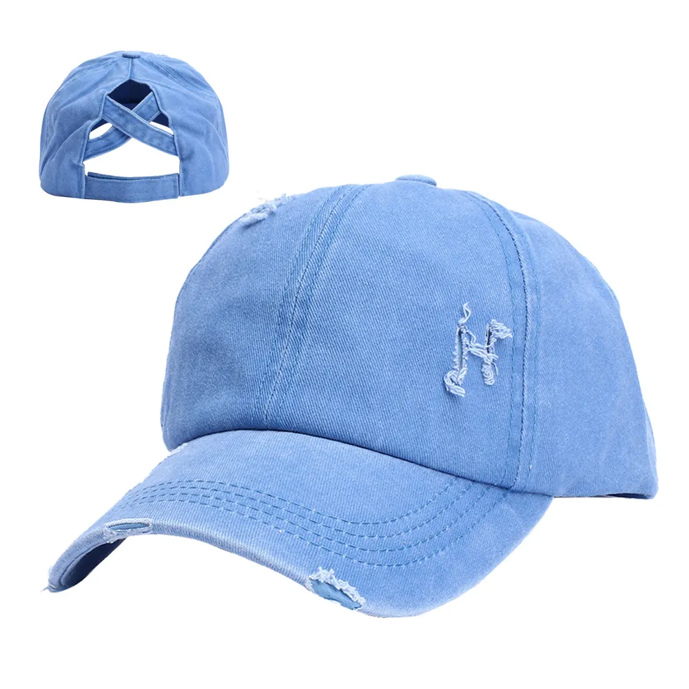 Distressed Ponytail Baseball Cap Gewaschene Baumwolle Kreuzweise Hoher Dutt Hut Sonnenschutz Verstellbar Für Damen