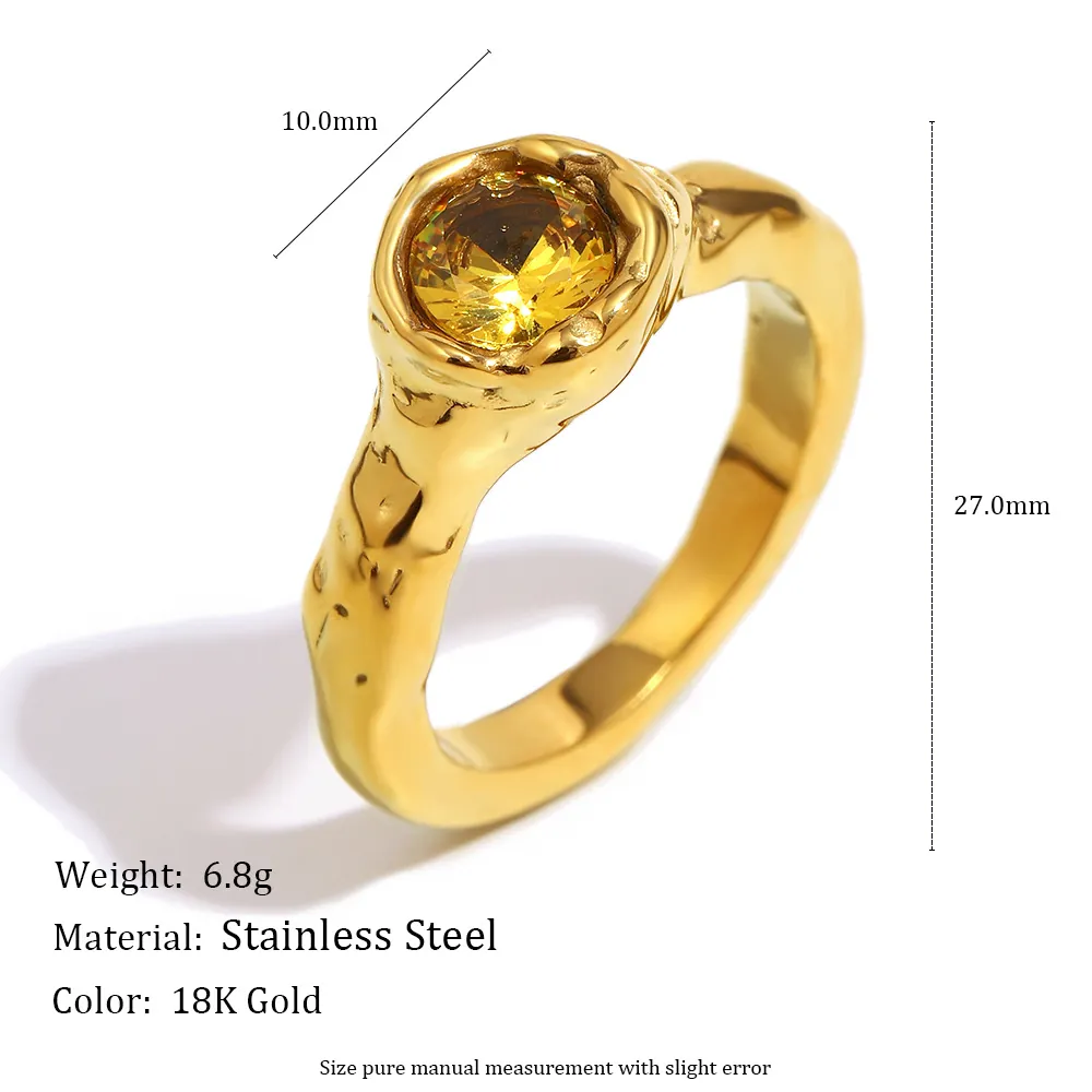 Edelstahlring Mit Unregelmäßiger Lavatextur Und Rundem Champagner-Zirkonia 18K Vergoldet Nischen Minimalistischer Schmuck Damen