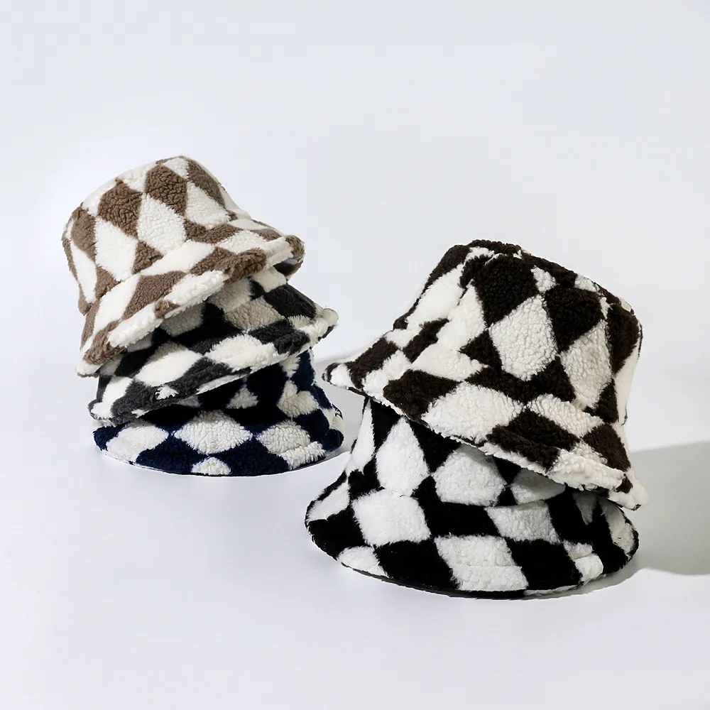 Cappello Pescatore Invernale Lana Di Agnello Sintetica Spesso Caldo Motivo A Scacchi Rombo Retro Casual Donne Antivento