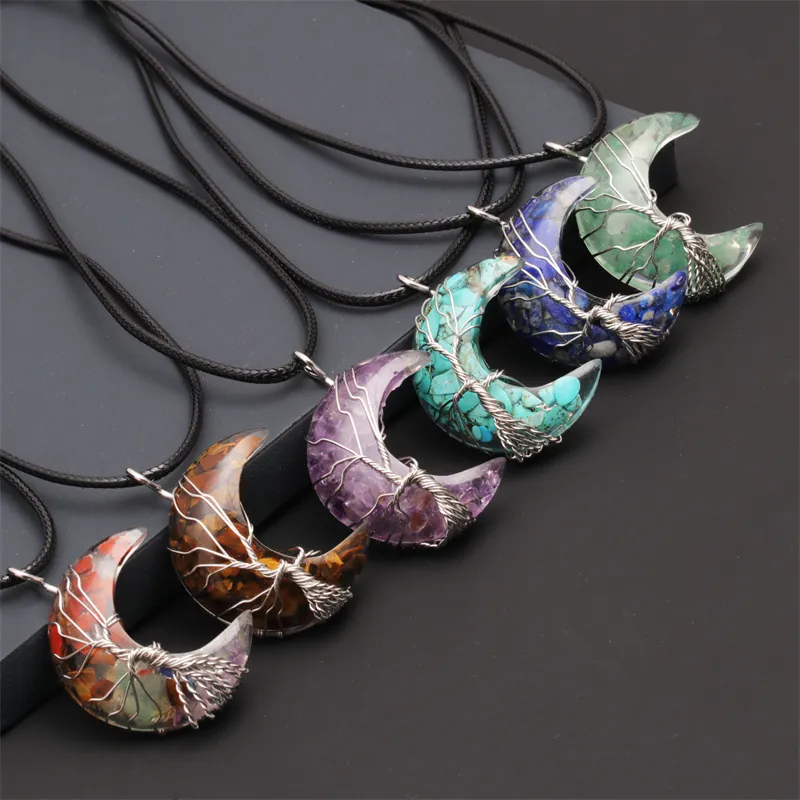 Tree Of Life Crescent Moon Heart Pendant Necklace Crystal Gravel Resin Handmade Wire Wrapped Healing Jewelry For Women