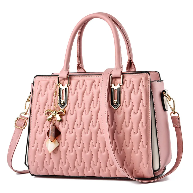 Women Quilted Wave Pattern PU Leather Handbag Large Capacity Crossbody Shoulder Bag With Gold Hardware And Bow Charm