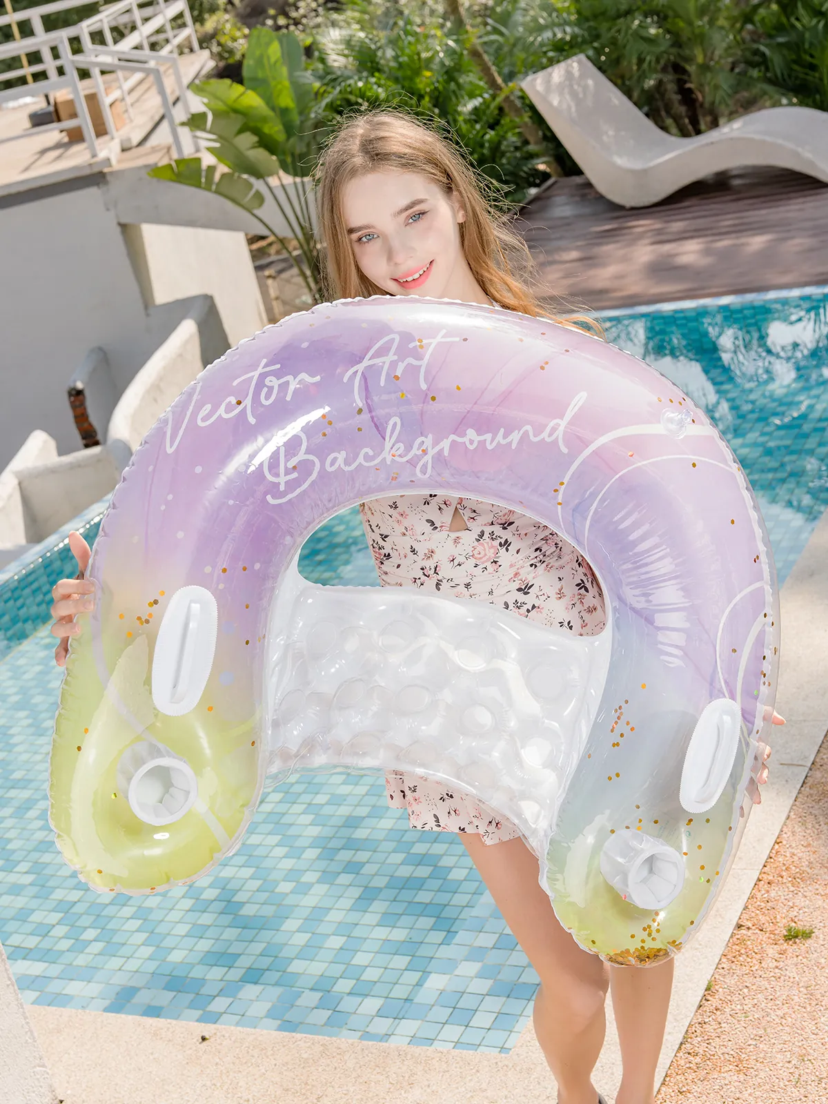 Inflatable Pool Float Lounger U-Shaped PVC Water Sofa With Cup Holders And Handles For Summer Swimming Party Adult