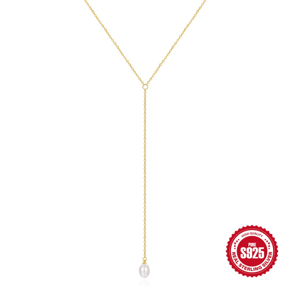 Y-Shaped Artificial Pearl Necklace For Women 925 Sterling Silver Lariat Chain Water Drop Artificial Pearl Elegant Minimalist Clavicle Jewelry