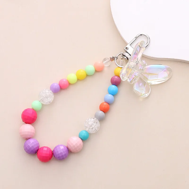 Colorful Beaded Keychain Butterfly Heart Phone Charm Acrylic Glass Bead Bag Pendant For Women Girls Sweet Fashion Accessory