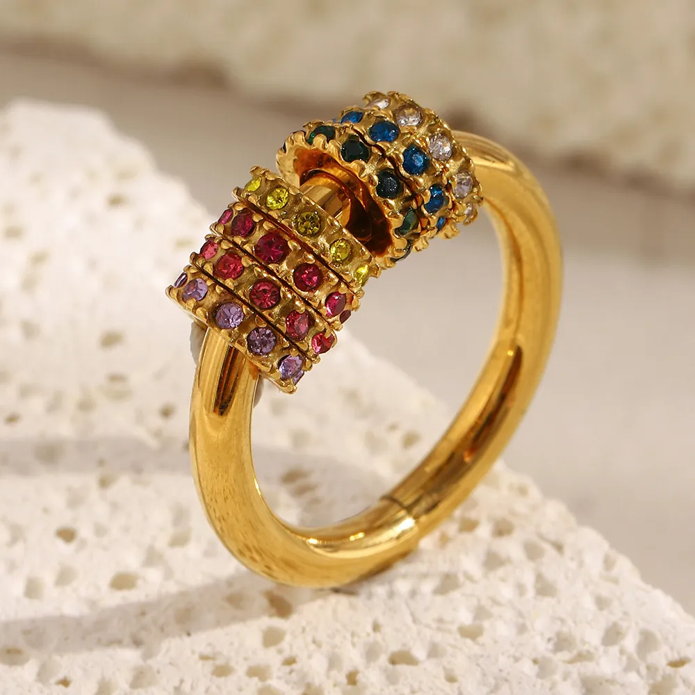 Bague En Acier Inoxydable Plaqué Or 18K Zircone Cubique Colorée Rotative Spinner Bijoux De Mode Pour Femmes