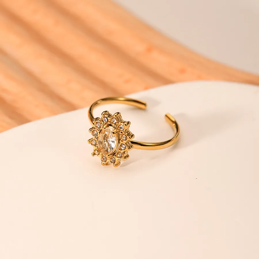 Bague Ouverte Tournesol Plaqué Or Acier Inoxydable Zircon Ovale Réglable Bijoux Femme