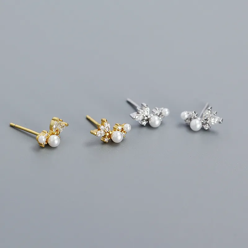 Elegant Flower Cluster Butterfly Stud Earrings With Artificial Pearl Cubic Zirconia And 925 Sterling Silver Earring Post