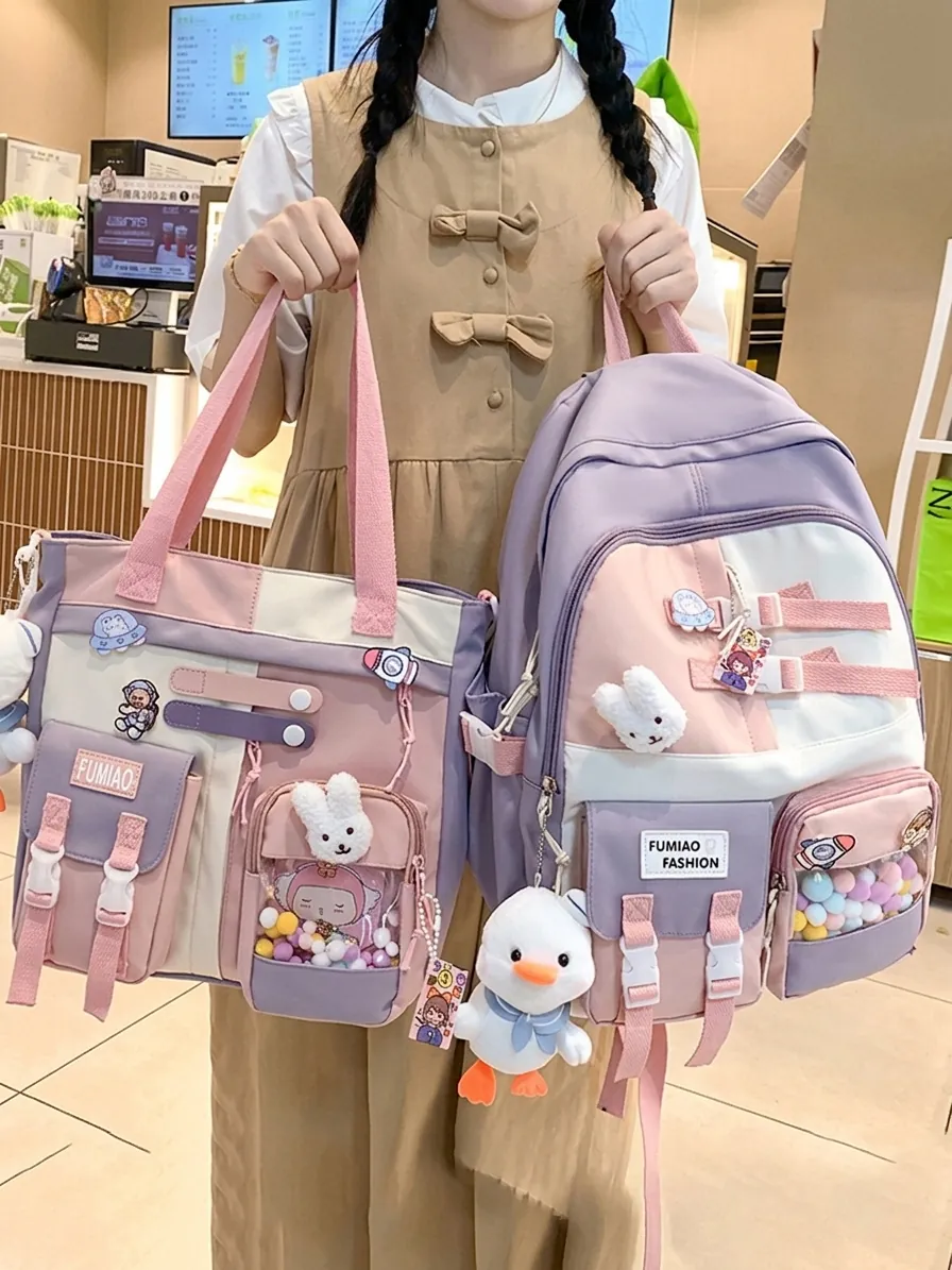 Kawaii Nylon School Backpack And Tote Bag Color Block Large Capacity Multi Pocket For Girls Teenagers With Plush Pendants