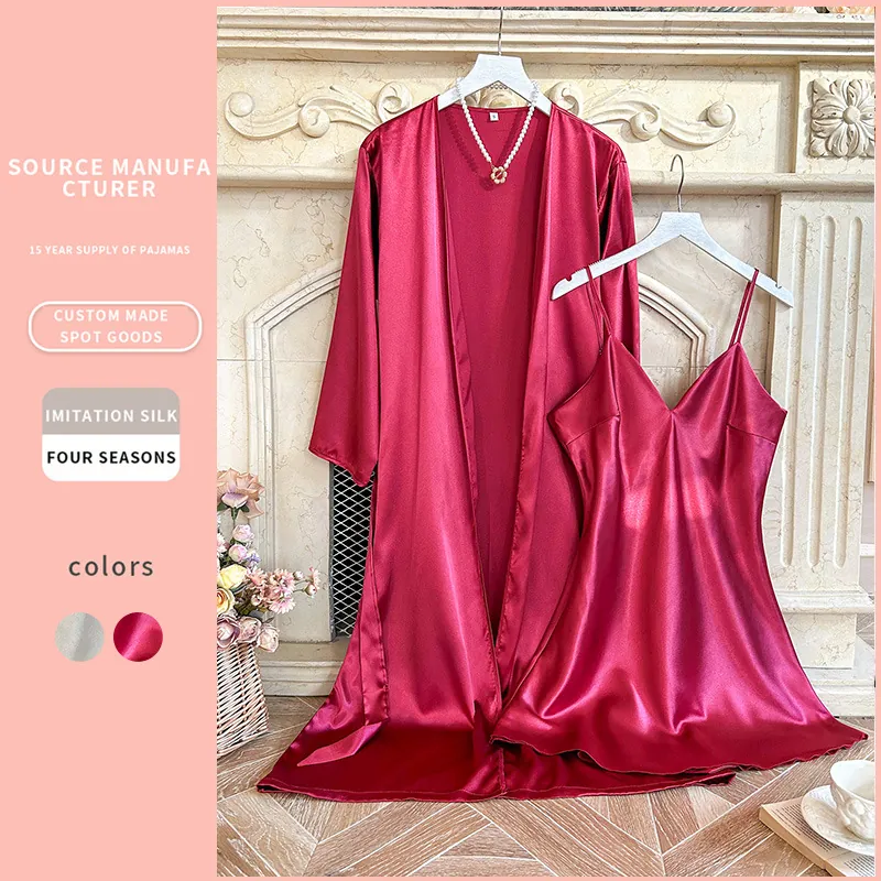 Robe De Chambre En Satin Pour Femmes Avec Ceinture Et Chemise De Nuit À Col En V Imitation Satin Élégante