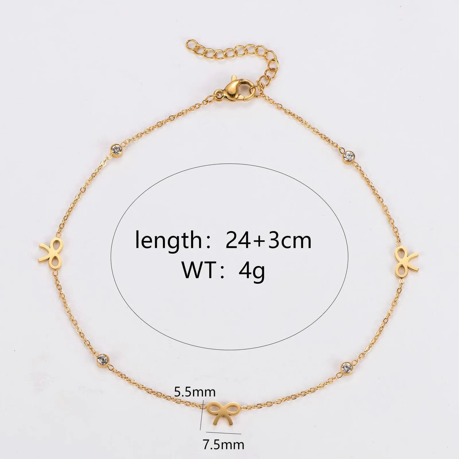 French Sweet Butterfly Bow Anklet Women 304 Stainless Steel 18K Gold Plated Foot Chain Inlay Zircon Minimalist Jewelry