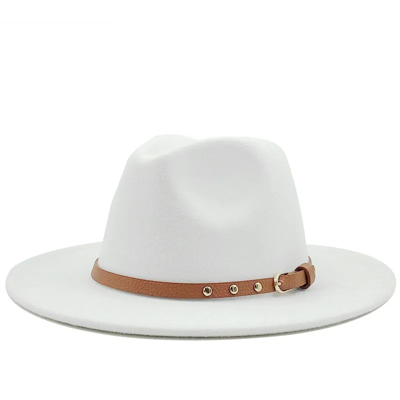 Wool Felt Fedora Hat Wide Brim Vintage British Style Brown Leather Belt Buckle Gold Rivets Unisex Jazz Cap Winter Autumn