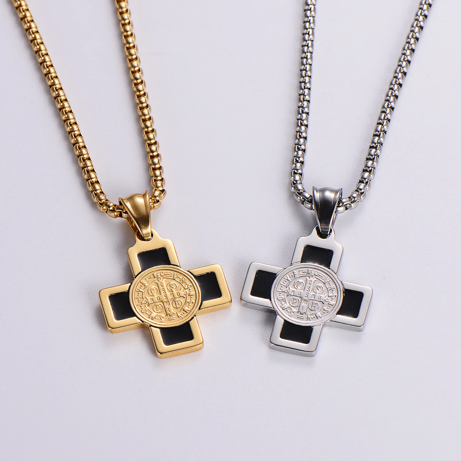 Stainless Steel Religious Saint Benedict Medal Cross Pendant Necklace Personalized Electroplated Link Chain Jewelry For Women Men