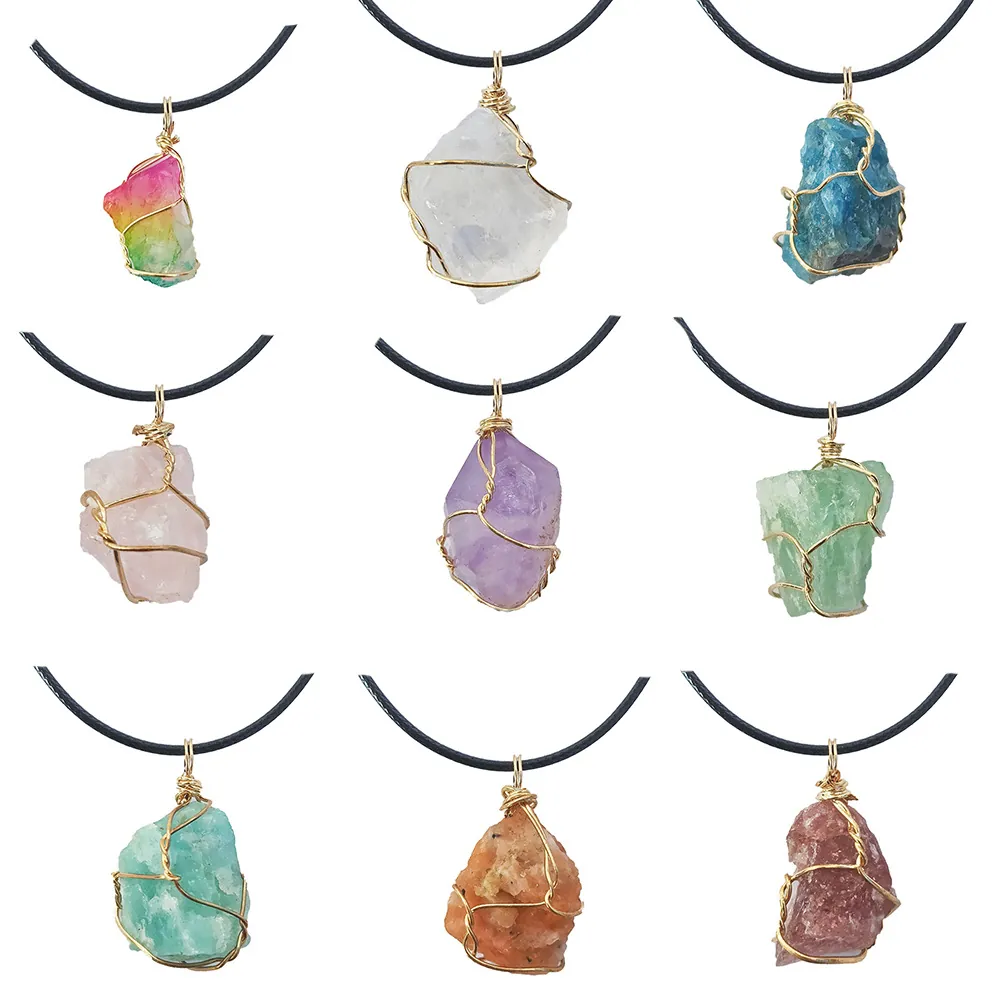 Irregular Natural Raw Stone Crystal Pendant Necklace Handmade Wire Wrapped Healing Mineral Jewelry With Simple Leather Cord