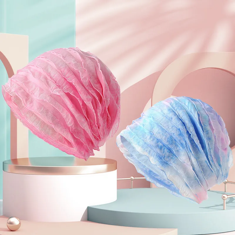 Berretto a Pieghe da Donna in Misto Cotone Traspirante Tie-Dye Cuffia da Notte Copricapo Post-Parto Turbante Elastico