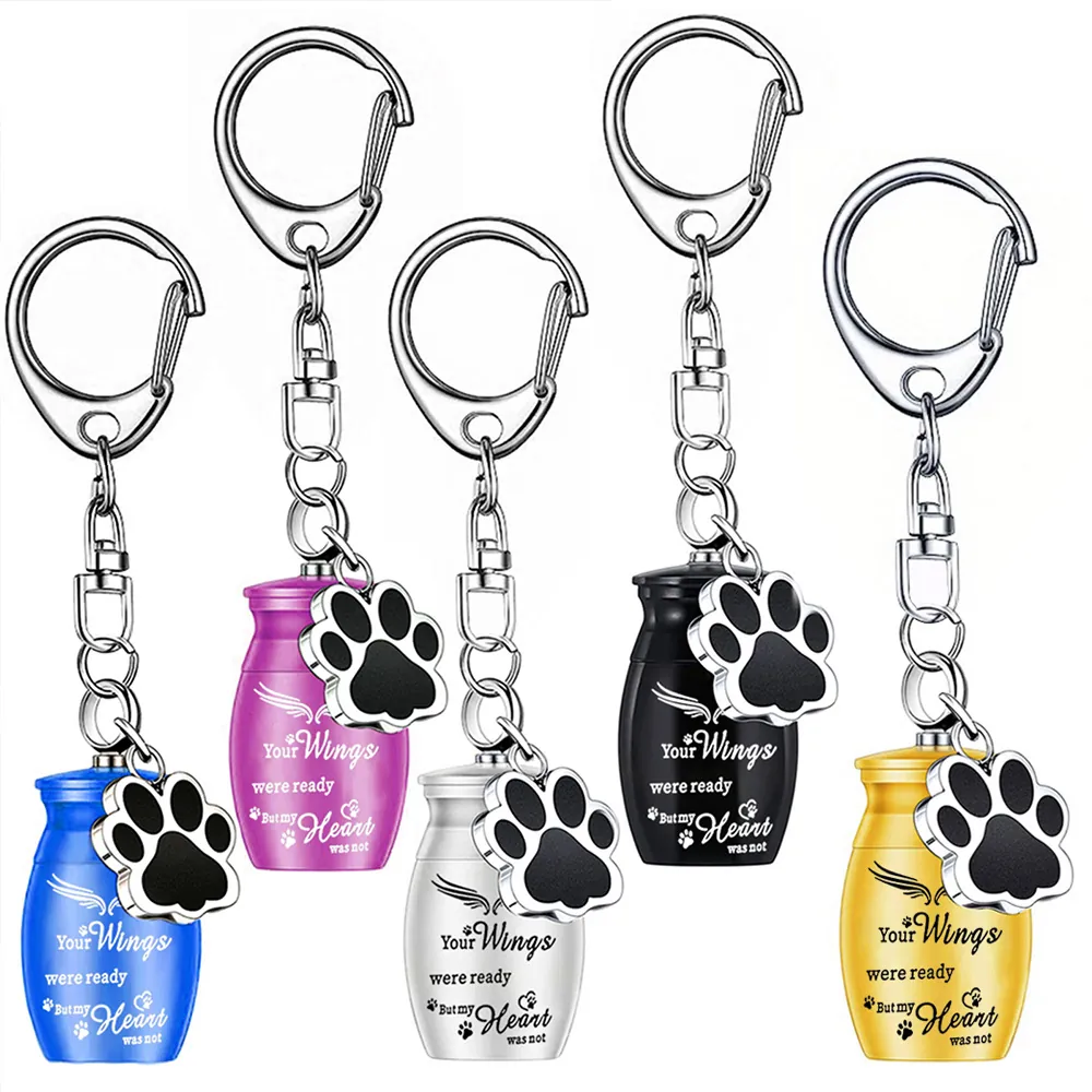 Pet Memorial Urn Keychain Aluminum Alloy Cremation Ashes Holder Memorial Keepsake With Paw Print Charm Wing Heart Engraved