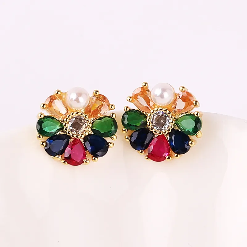 Colorful Zircon Flower Copper Stud Earrings With Artificial Pearl Accent 18K Gold Plated Vintage Style Jewelry For Women