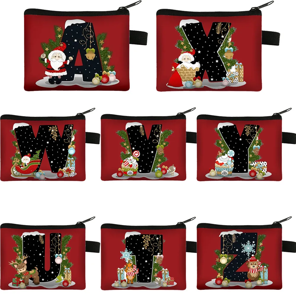 Christmas Alphabet Coin Purse Polyester Mini Zipper Small Storage Pouch Holiday Gift Kids