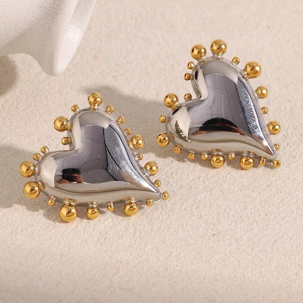 Heart Stud Earrings Stainless Steel 18K Gold Plated Two Tone Beaded Edge Slanted Design Exaggerated Fashion For Women
