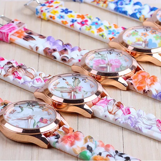 Floral Print Women Quartz Watch Rose Gold Alloy Case Fashion Casual Analog Wristwatch With Silicone Strap For Girls