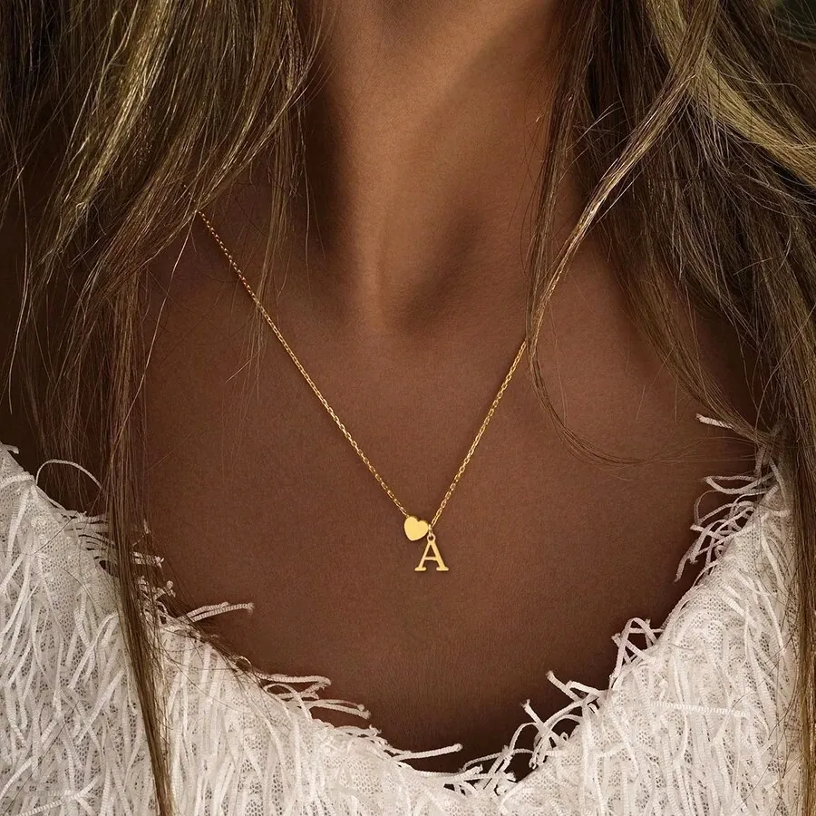 Heart Initial Pendant Necklace Stainless Steel Copper Alphabet Letter Minimalist Jewelry Gift For Women