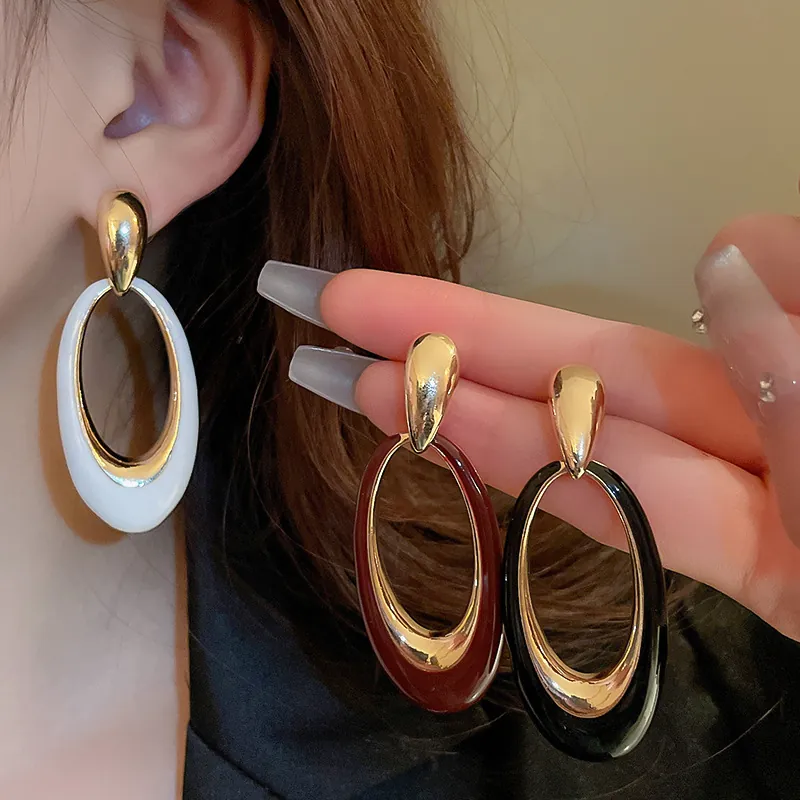 Retro Exaggerated Oval Dangle Earrings Alloy Enamel Geometric Drop For Women With 925 Sterling Silver Earring Post