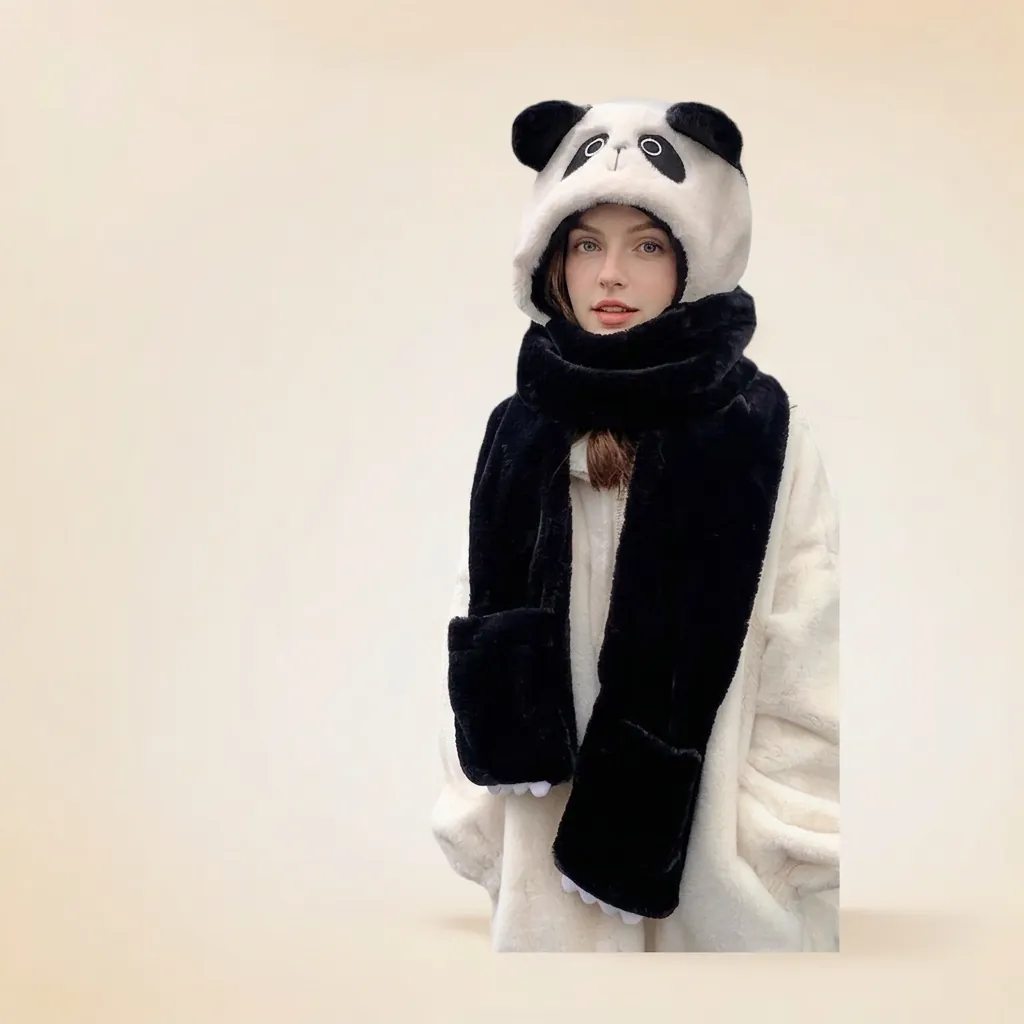 Cartoon Panda Integrated Hat Scarf Glove Set Plush Faux Rabbit Fur Thickened Warm Winter Hooded For Women Girls
