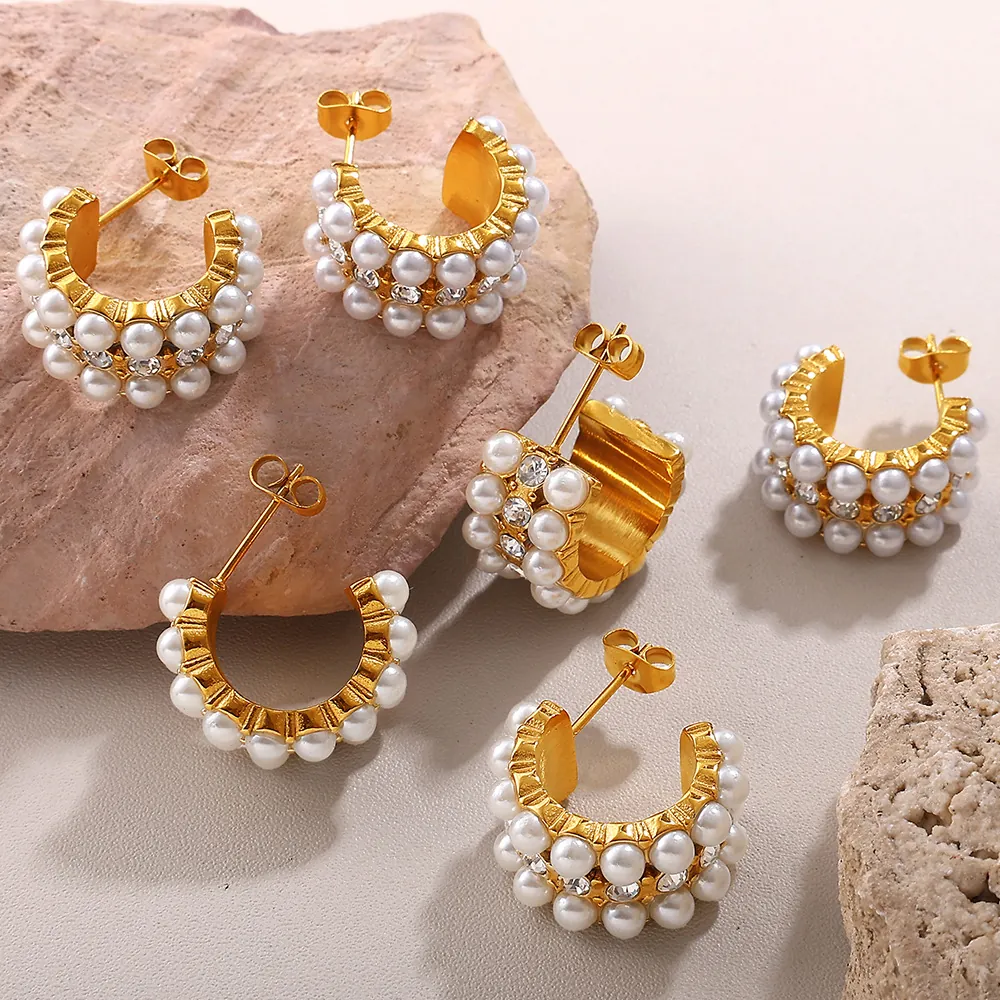 Stainless Steel Gold Plated Hoop Earrings With Faux Artificial Pearl And Rhinestone C-Shaped Vintage Jewelry For Women