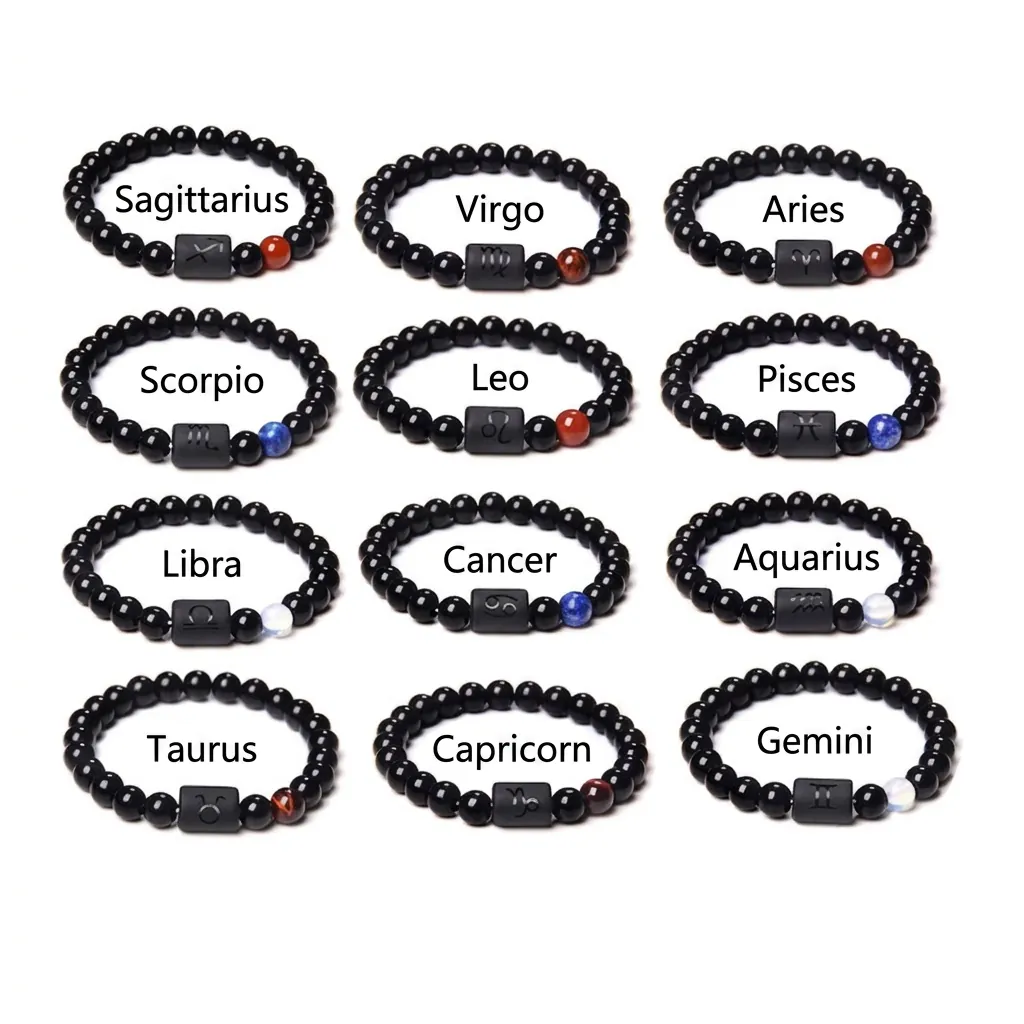 12 Zodiac Constellation Glass Beaded Bracelet For Men Women Elastic Natural Stone Look Tiger Eye Beads Healing Jewelry Gift