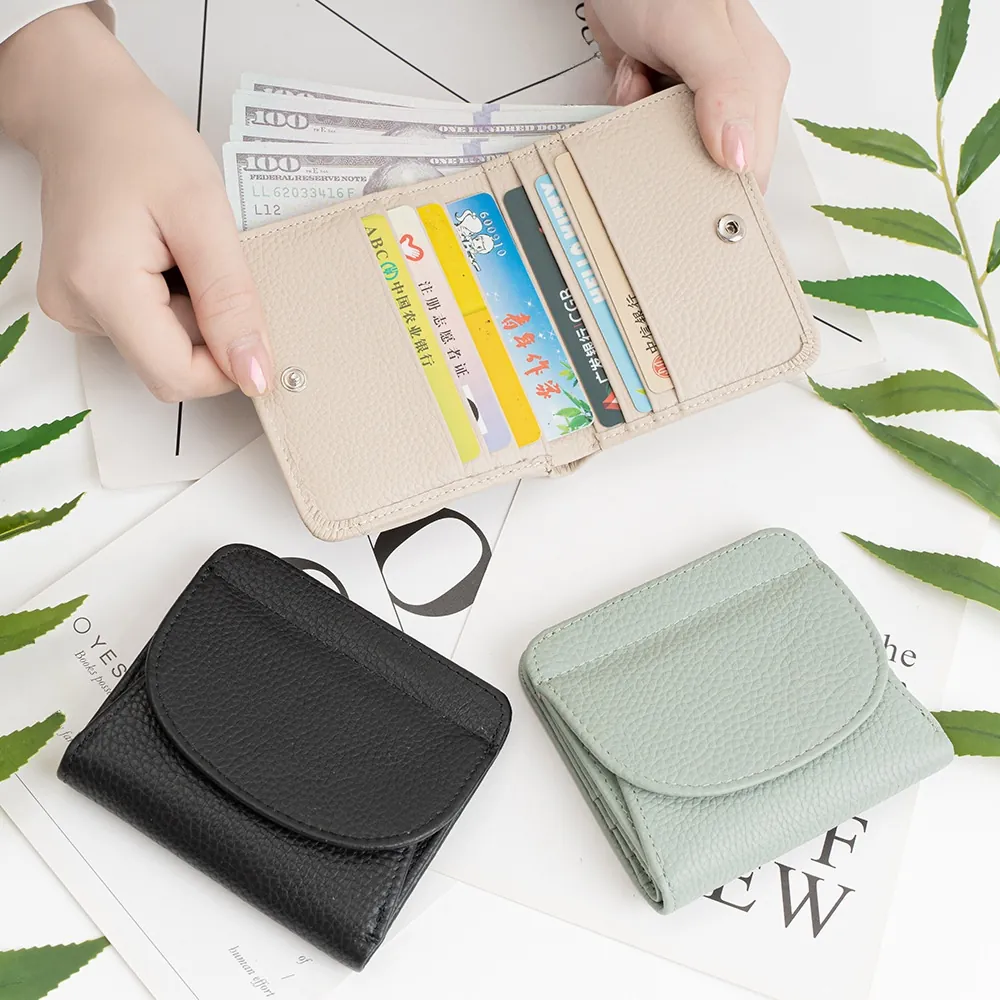 Women Short Wallet Genuine Leather RFID Blocking Minimalist Fashion Lychee Grain Multi Card Slots Snap Closure