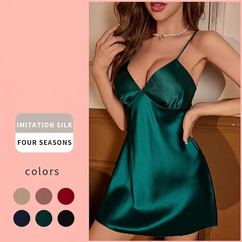 Nuisette Femme Satin Satin Col En V Bretelles Spaghetti Mini Robe De Nuit Sexy Vêtements De Détente