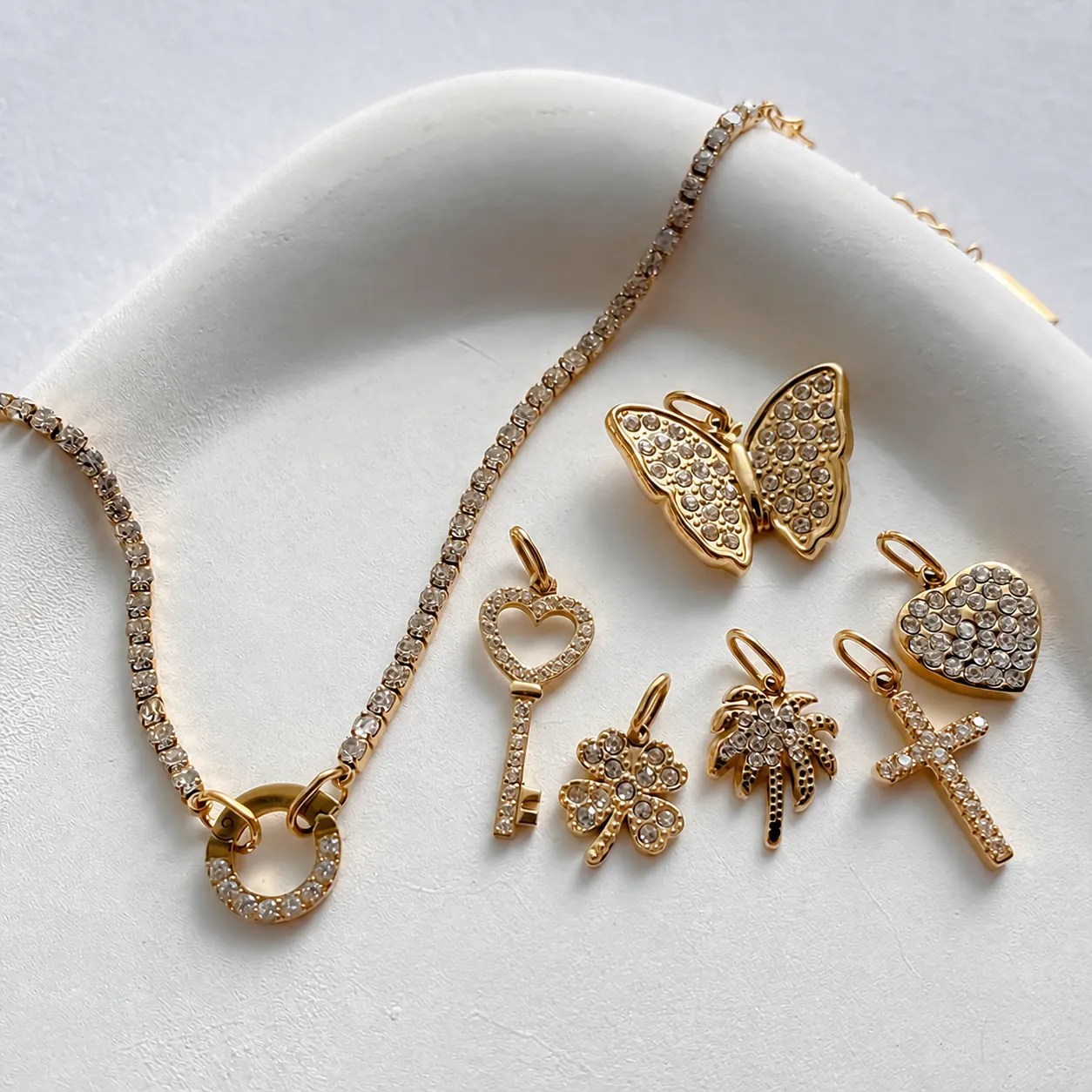 14K Gold Plated Stainless Steel Rhinestone Butterfly Heart Key Dangle Charm Bracelet For Women Luxury Tennis Chain