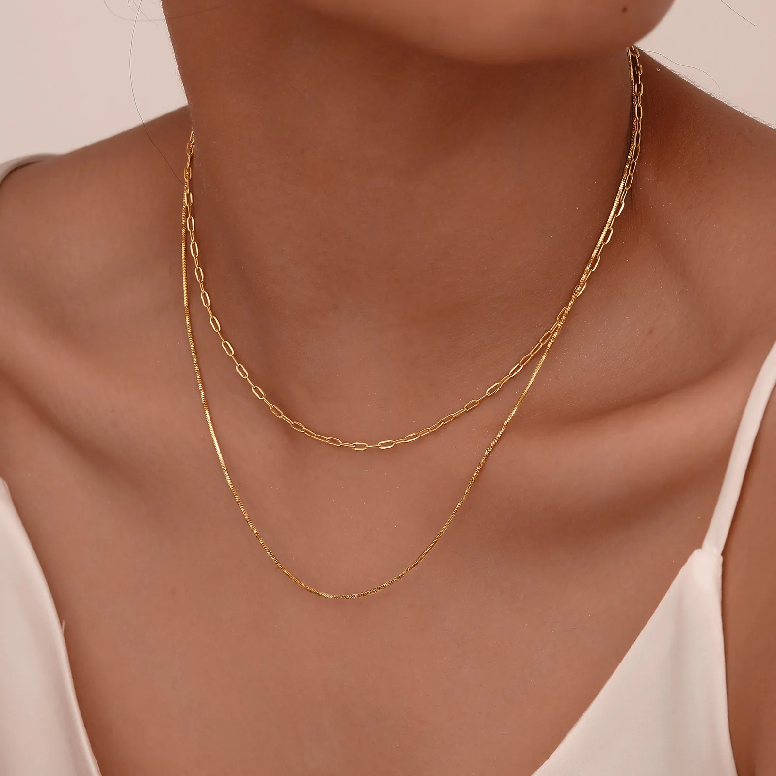 Stainless Steel Double Layer Necklace Gold Plated Paperclip Chain And Snake Chain Minimalist Fashion For Women