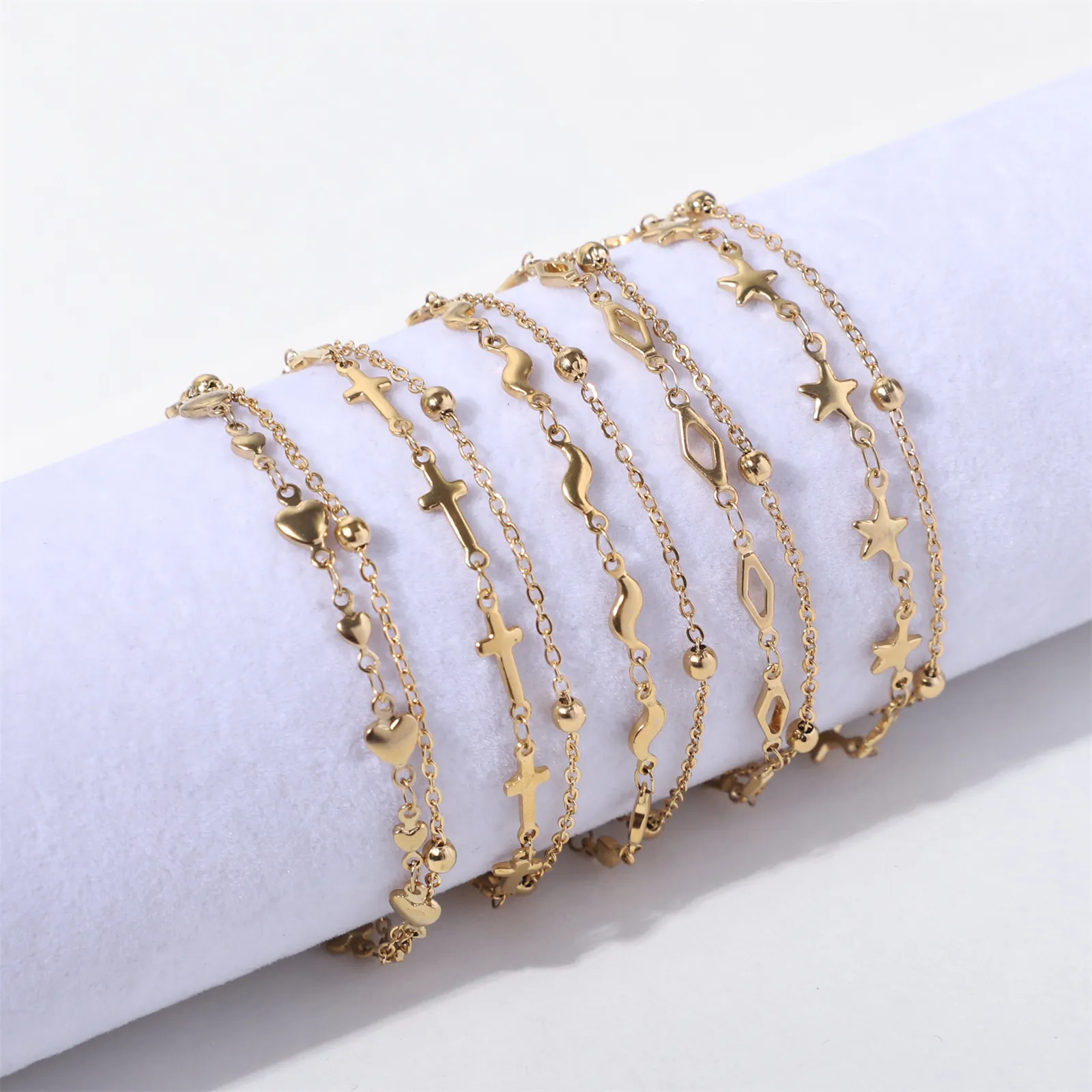 Elegant Double Layer Chain Bracelet Stainless Steel 18K Gold Plated With Heart Cross Star Pendants For Women Fashion Jewelry