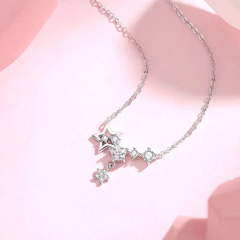 Star Galaxy Necklace 925 Sterling Silver Micro Inlaid Cubic Zirconia Dainty Clavicle Chain Minimalist Jewelry Women