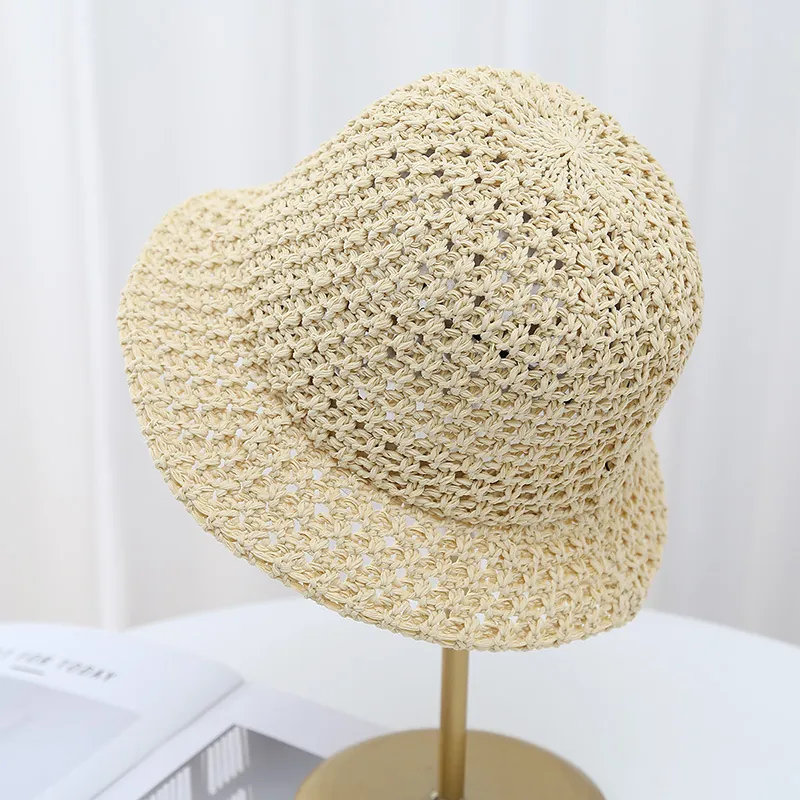 Bucket Hat Women Crochet Knit Straw Hollow Breathable Sun Protection Summer Beach Fashion Sunshade Basin Cap