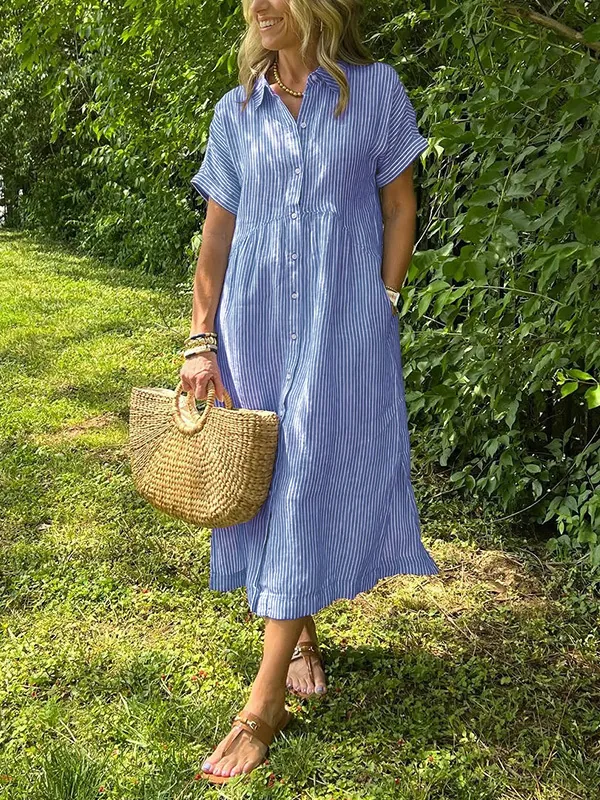 Women Striped Short Sleeve Shirt Dress Retro Loose Lapel Button Down Midi Polyester Summer Beach Dress
