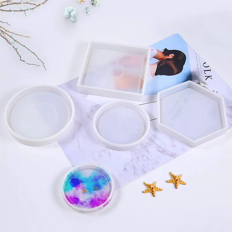Coaster Silicone Molds Geometric Square Round Hexagon Heart Shape DIY Resin Crafting Casting Tools Flexible Transparent