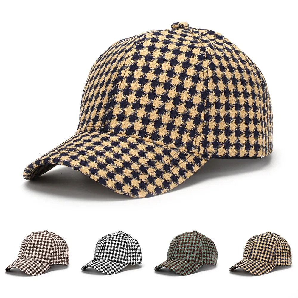 Houndstooth Plaid Baseball Cap Adjustable Curved Brim Polyester Sun Protection Hat For Women Men Casual Trendy