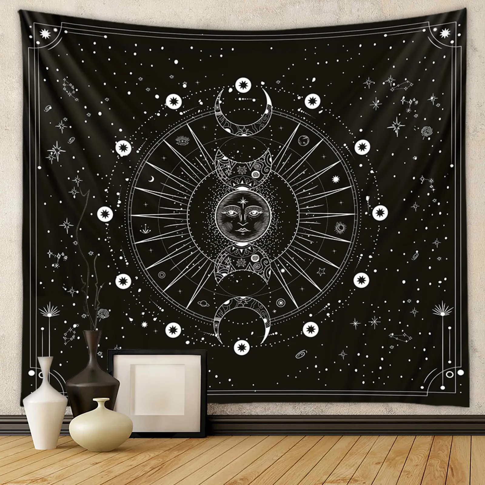 Celestial Sun Moon Star Wall Tapestry Mysterious Astrology Black And White Polyester Hanging Blanket Room Aesthetic Decor