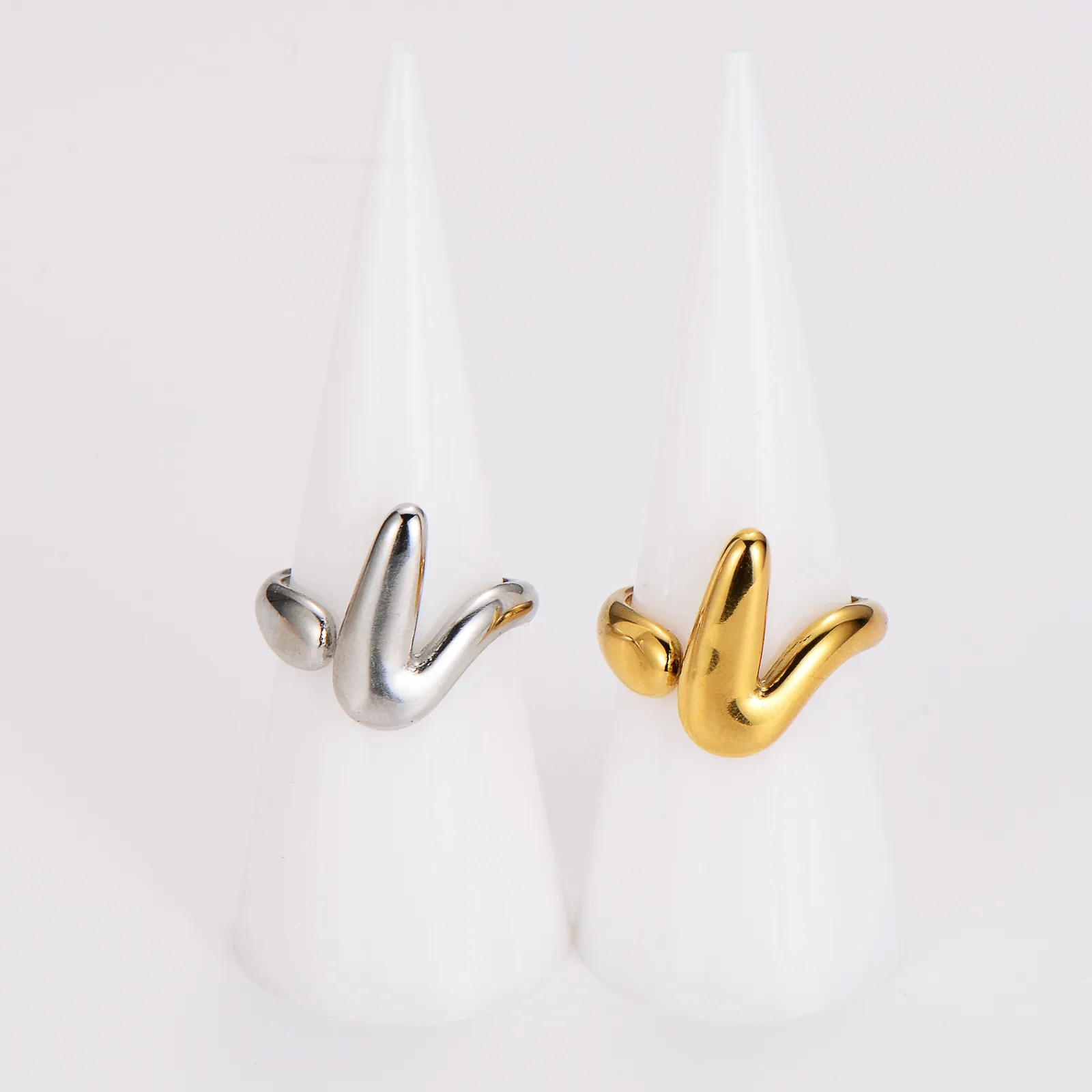 V Shaped Ring 304 Stainless Steel Gold Plated Minimalist Liquid Metal Style Open Adjustable Jewelry Women